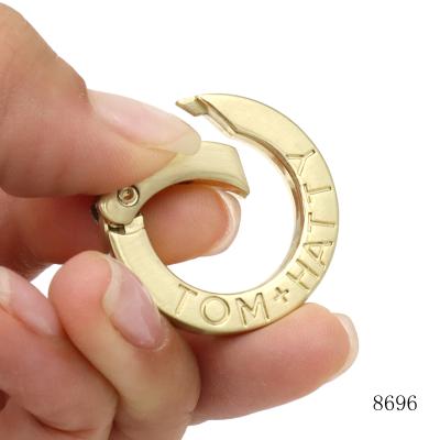 China 30mm Outer Diameter Metal Flat Alloy O Ring Clasp Custom Spring Ring Clasp with Brand Text for sale