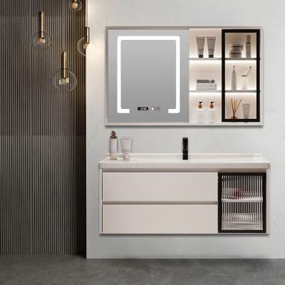 China Modern Luxury Solid Wood Bathroom Vanity with Rock Basin 80cm Wall Hung LED Mirror for sale
