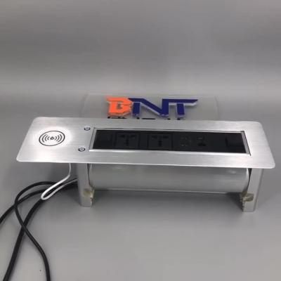 China Motorized overturn aluminum alloy wireless charger desk flip up power socket with EU plug for sale