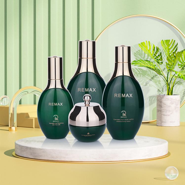 50ml 100ml 120ml Oval Green Glass Cosmetic Bottles Skincare Packaging Set For Skin Care