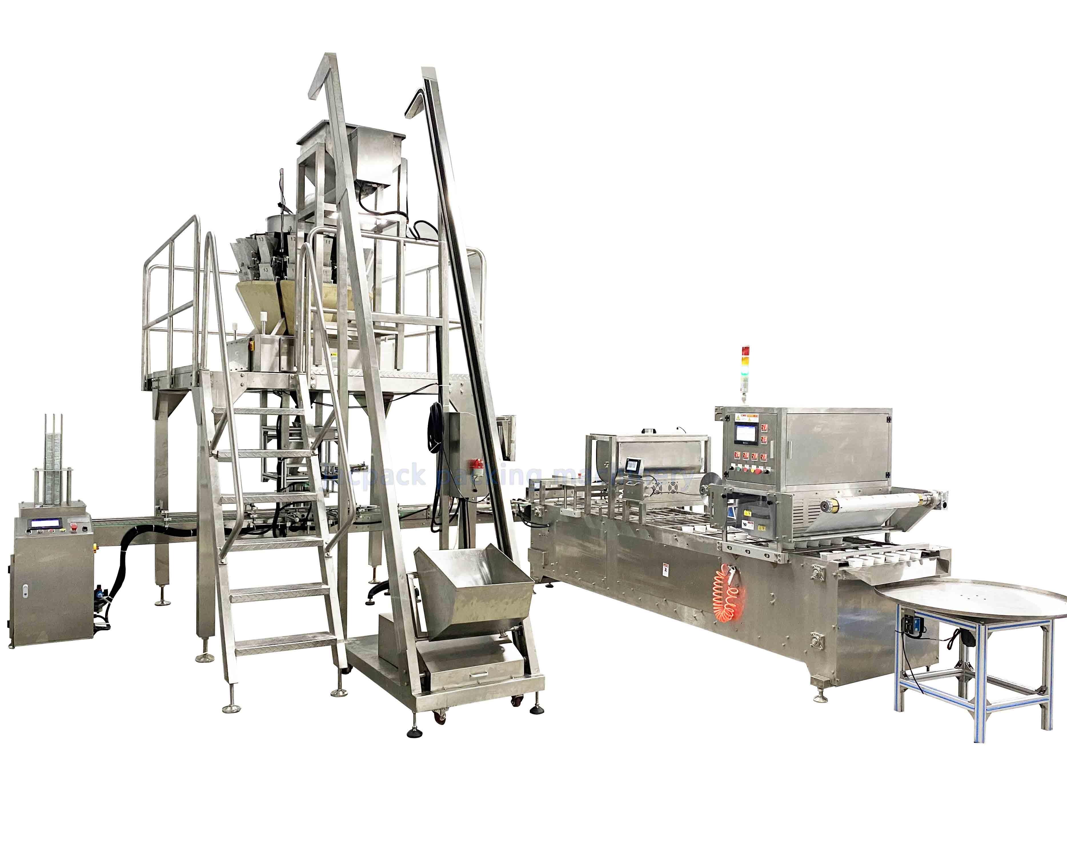 Automatic pet food cup filling and sealing line