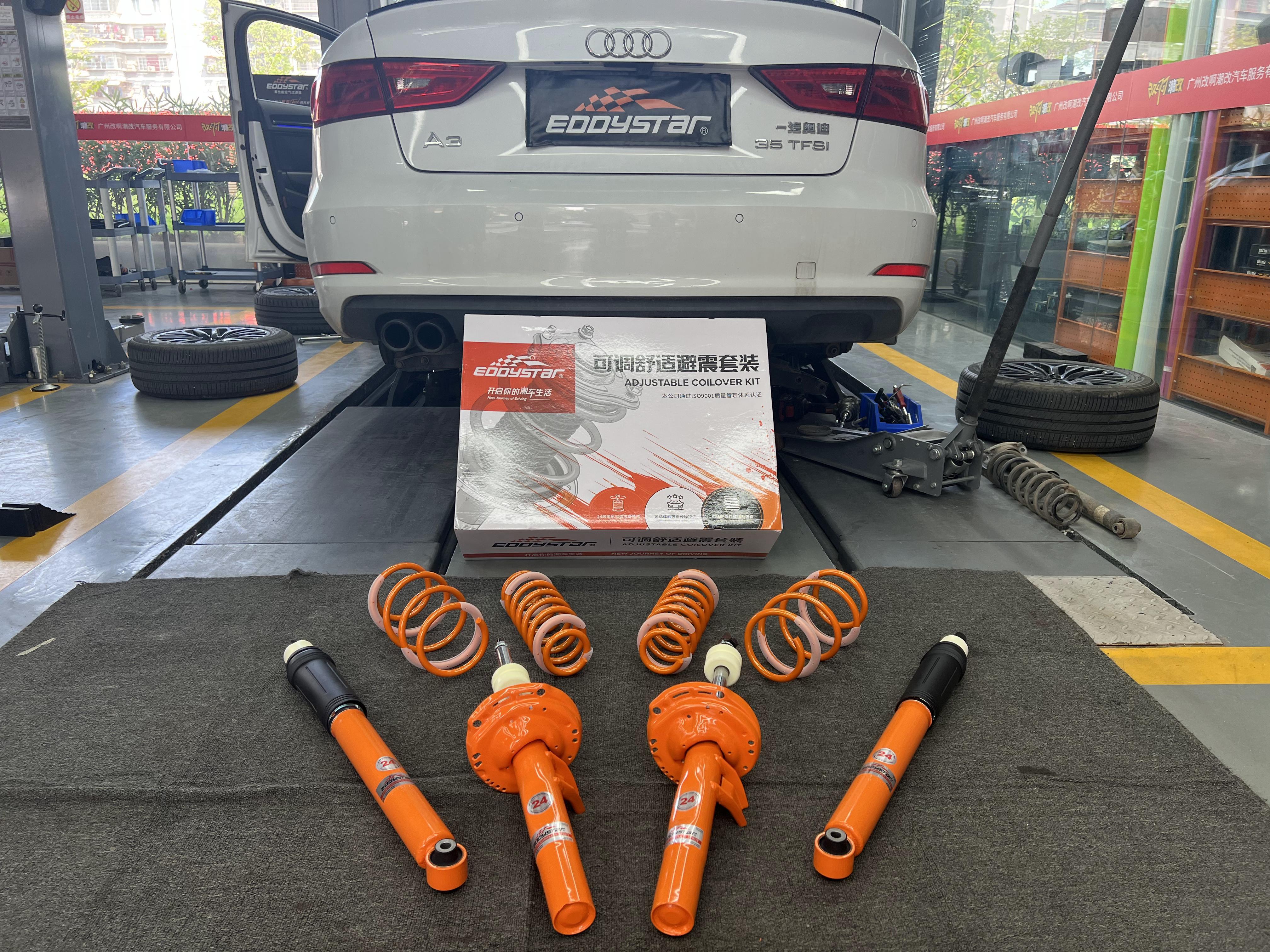 Audi A3L upgraded with EDDY adjustable comfort suspension for a customized driving experience.