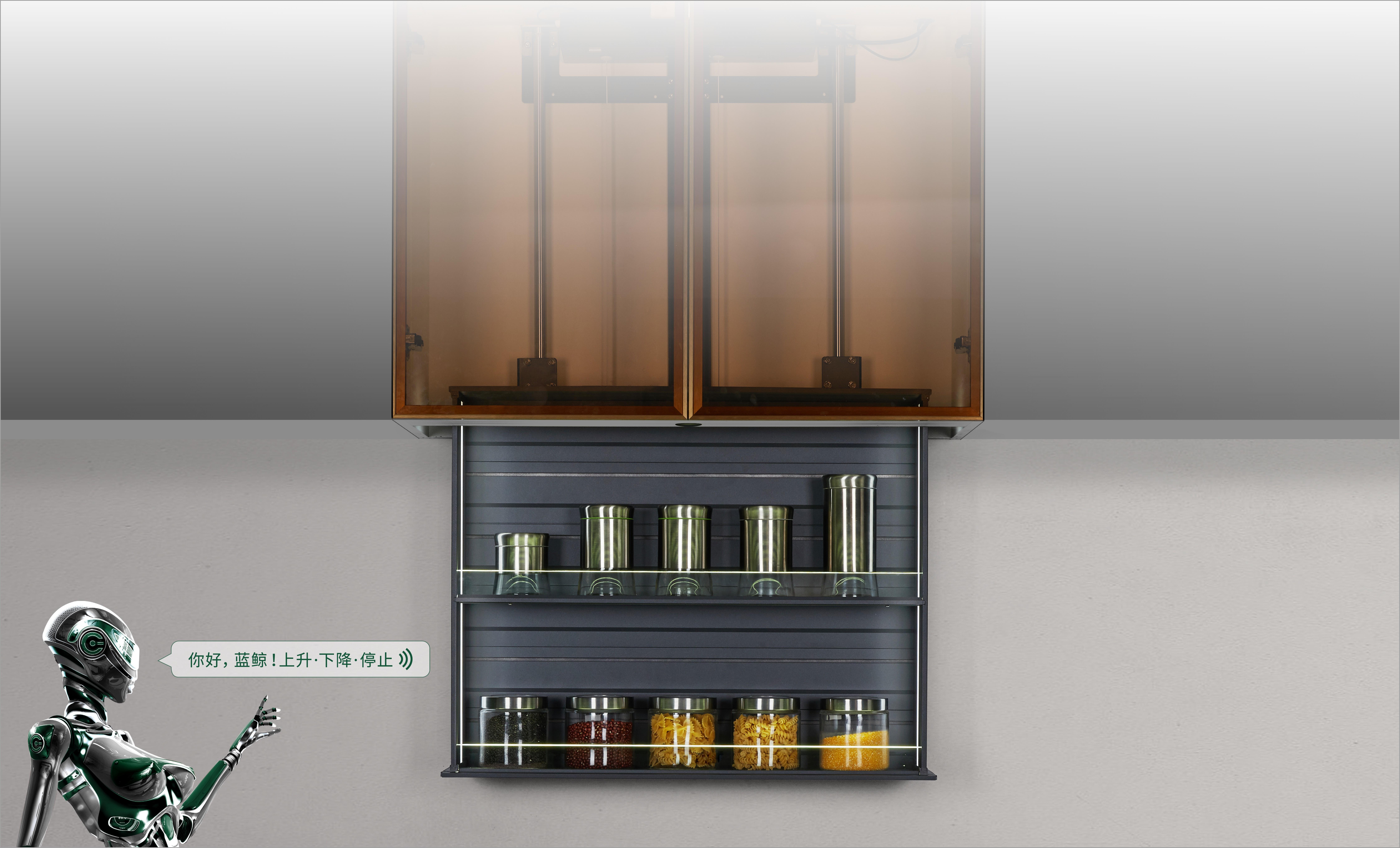 Automatic up and down storage basket for kitchen, let take goods from the overhead cabinet easier.